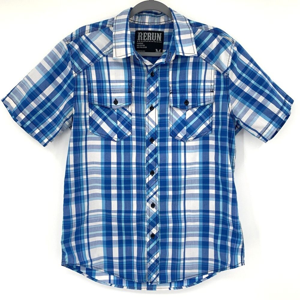 Rerun Blue & White‎ Plaid Western Men's Short Sleeve Shirt Size Medium - Picture 5 of 9
